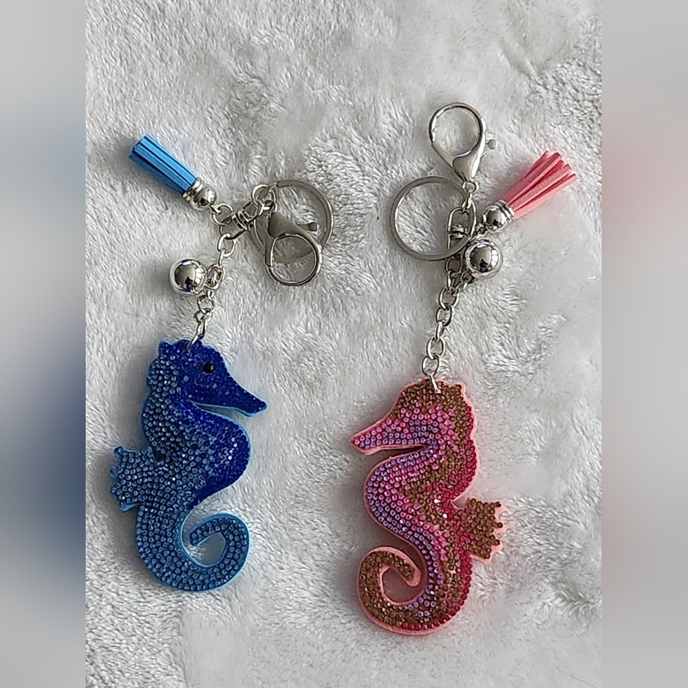 Seahorse Pink And Blue Rhinestones Keychain Set with Tassels Bag Charms